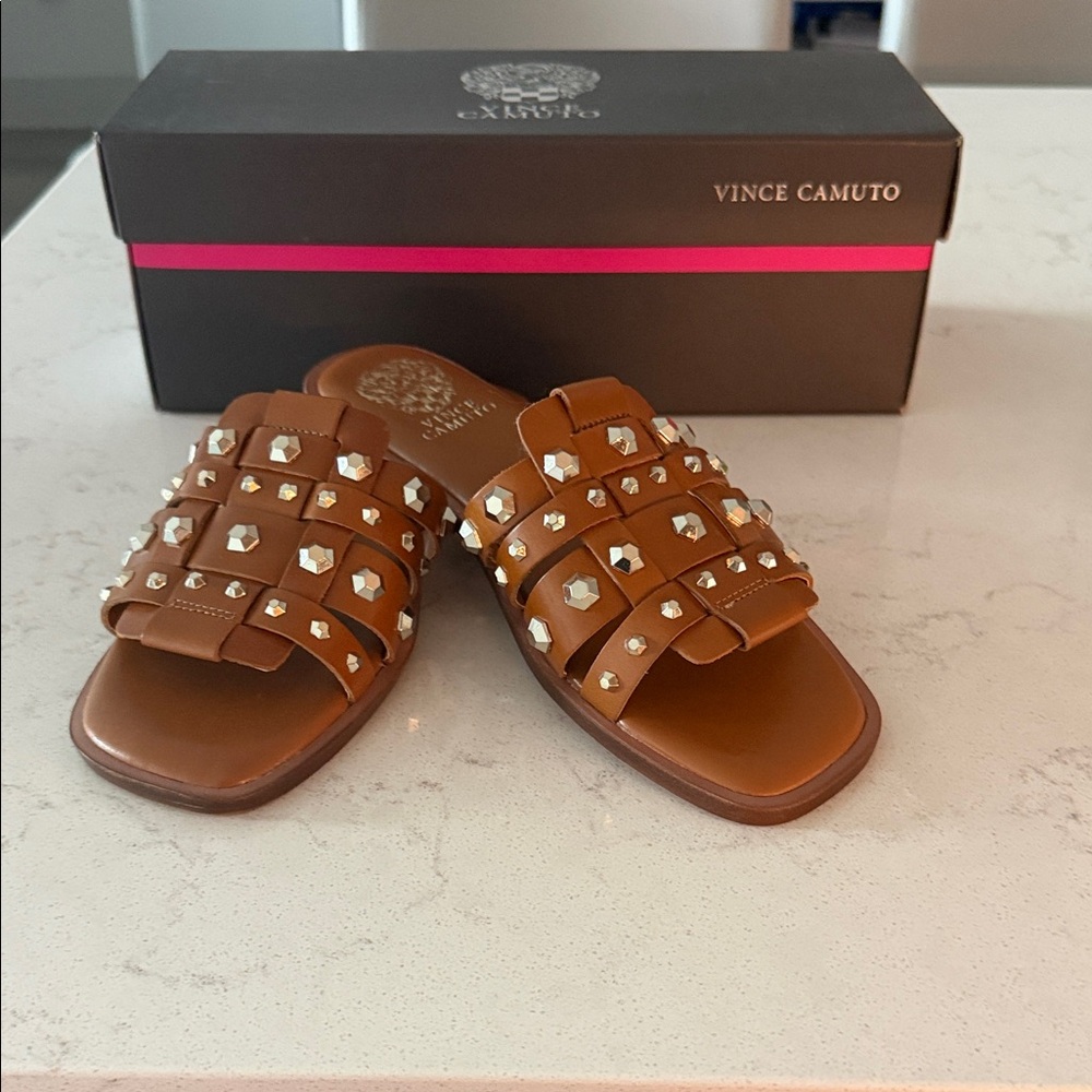 Vince Camuto Brown Studded Slide Sandals